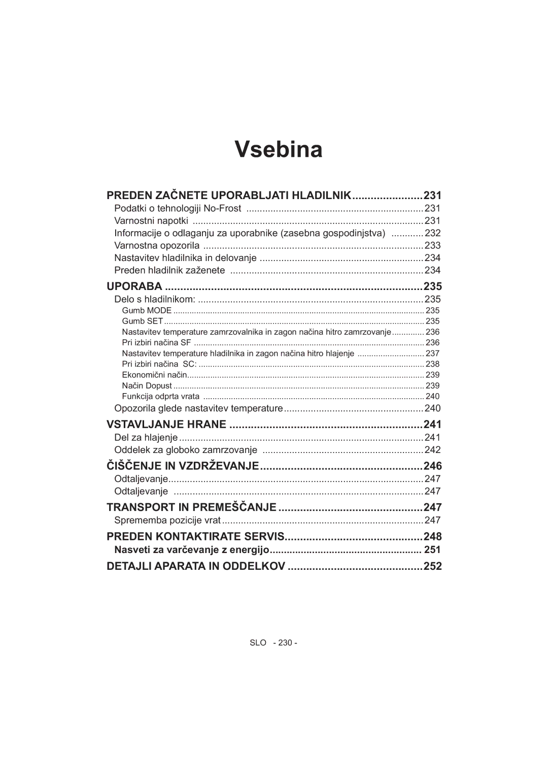 Sharp SJ-F320V operation manual Vsebina 