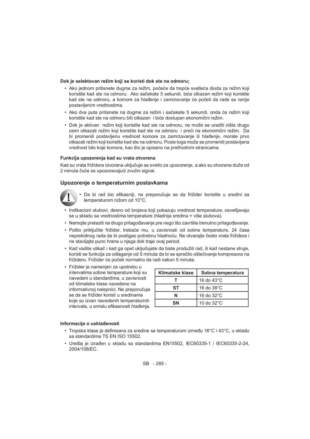 Sharp SJ-F320V operation manual Sobna temperatura 