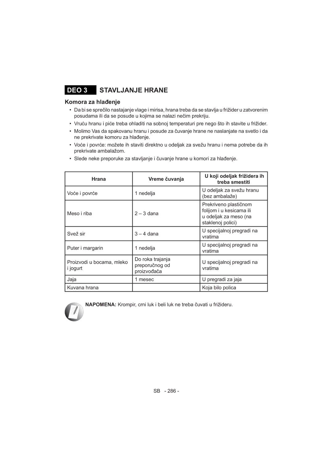 Sharp SJ-F320V operation manual DEO 3 Stavljanje Hrane 