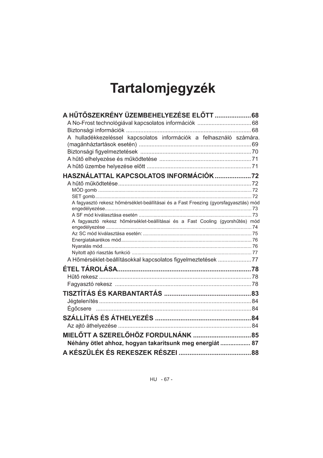 Sharp SJ-F320V operation manual Tartalomjegyzék 