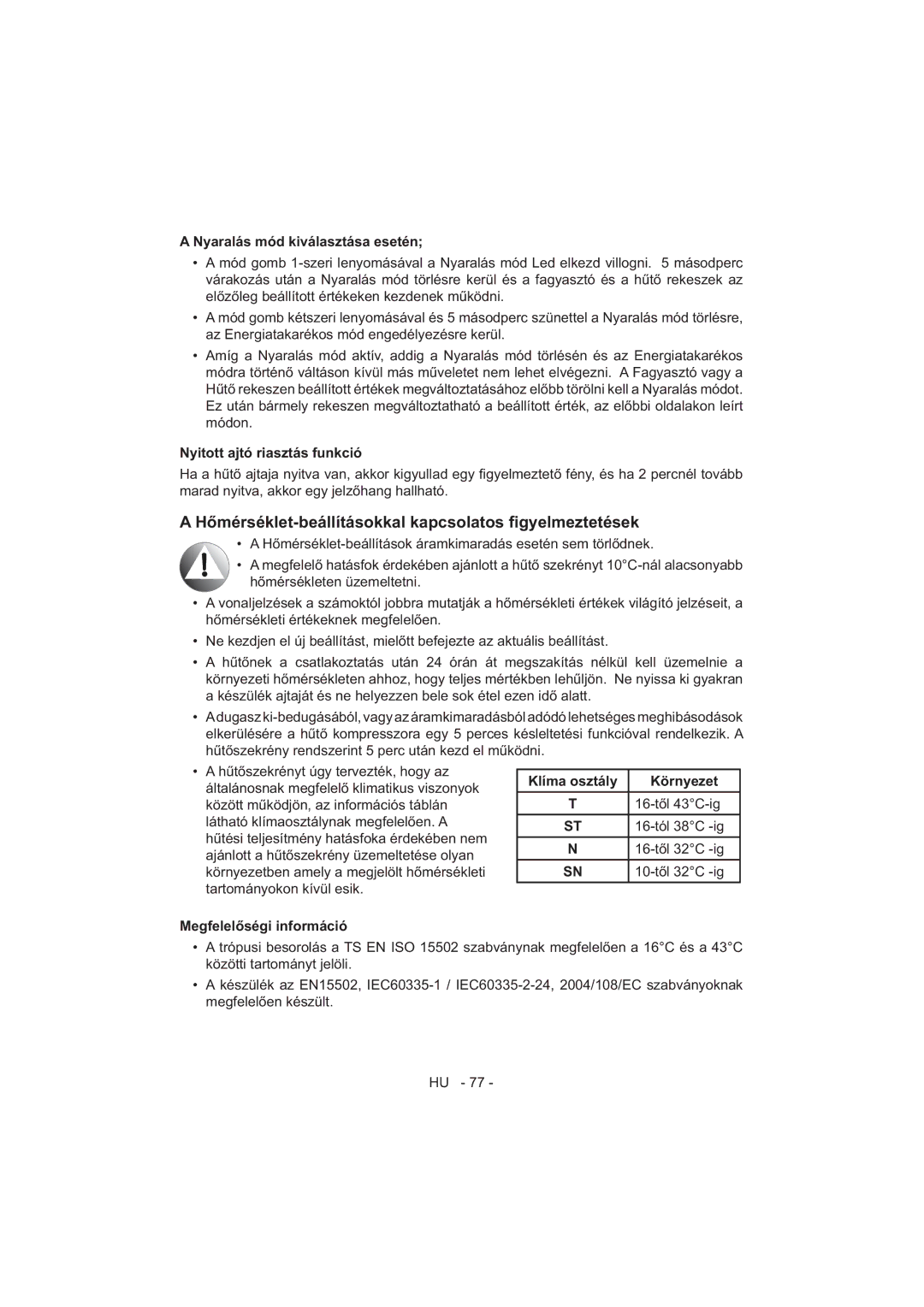 Sharp SJ-F320V operation manual Klíma osztály Környezet 