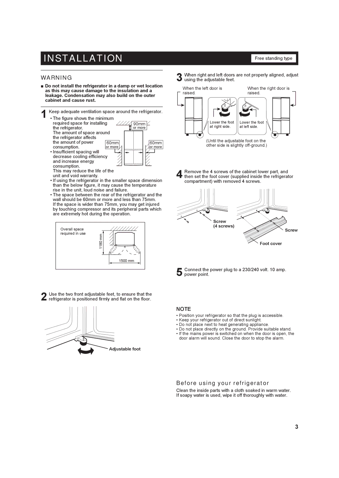 Sharp SJ-F676ST, SJ-F624ST operation manual Installation, Before using your refrigerator 