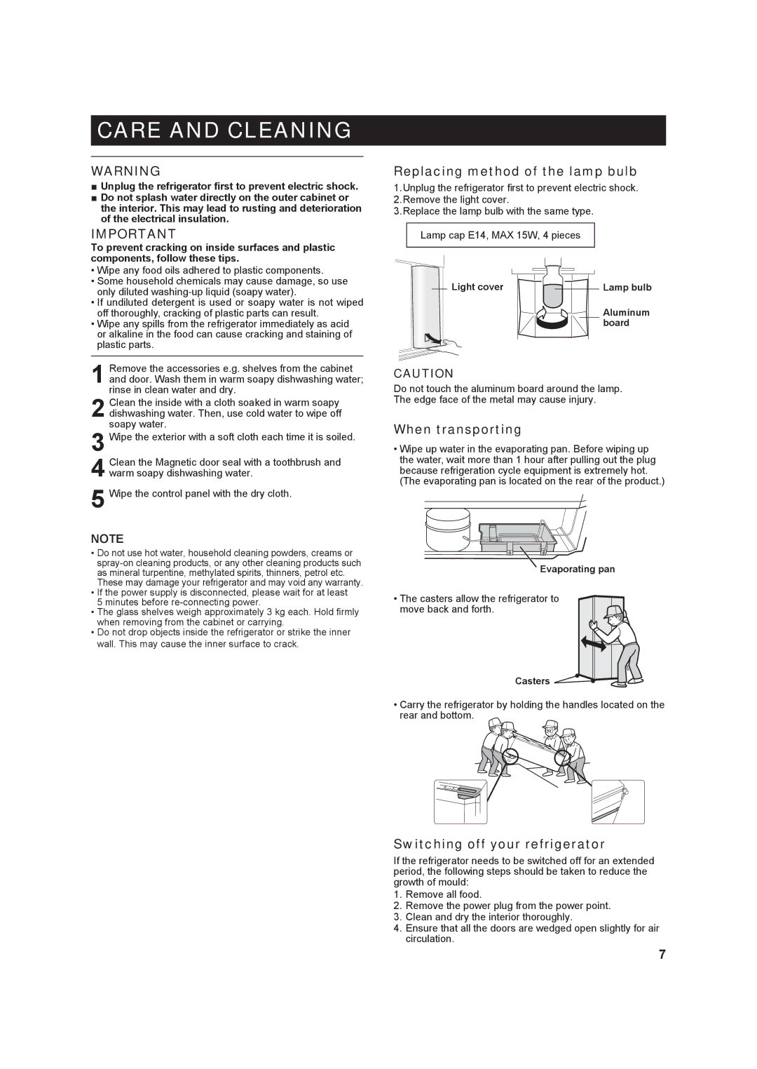 Sharp SJ-F676ST Care and Cleaning, Replacing method of the lamp bulb, When transporting, Switching off your refrigerator 