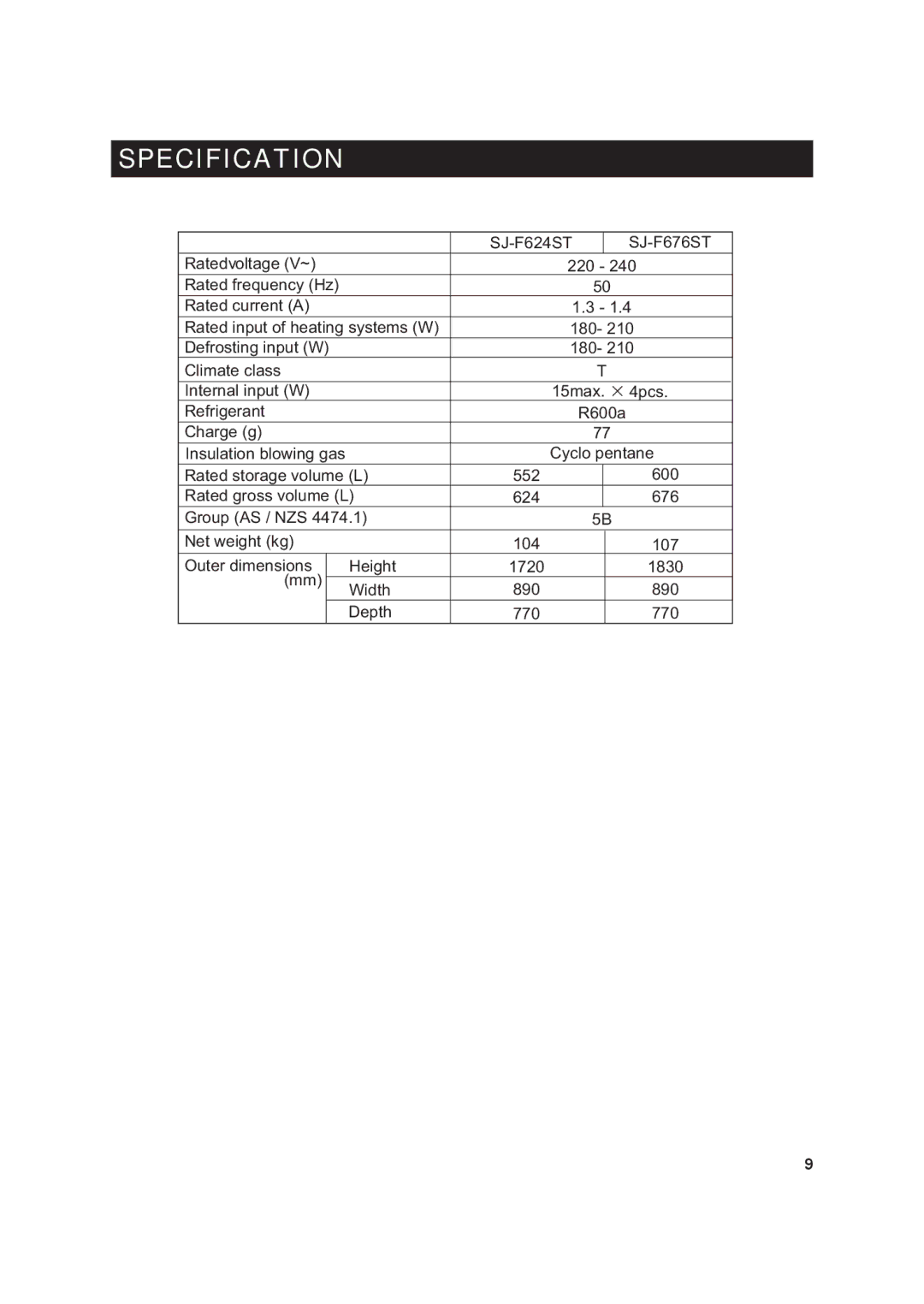 Sharp operation manual Specification, SJ-F624ST SJ-F676ST 