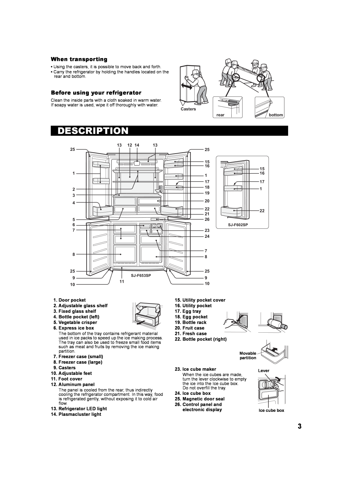 Sharp SJ-F602SP, SJ-F653SP operation manual Description, When transporting, Before using your refrigerator 