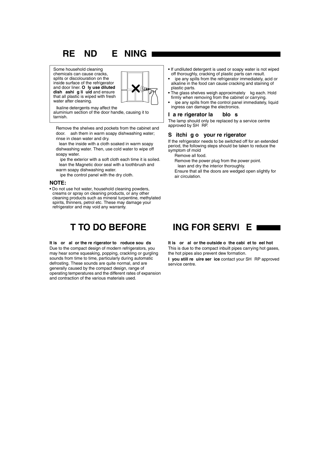 Sharp SJ-F60PS, SJ-F65PS, SJ-F60PC Care and Cleaning, What to do Before Calling for Service, If a refrigerator lamp blows 