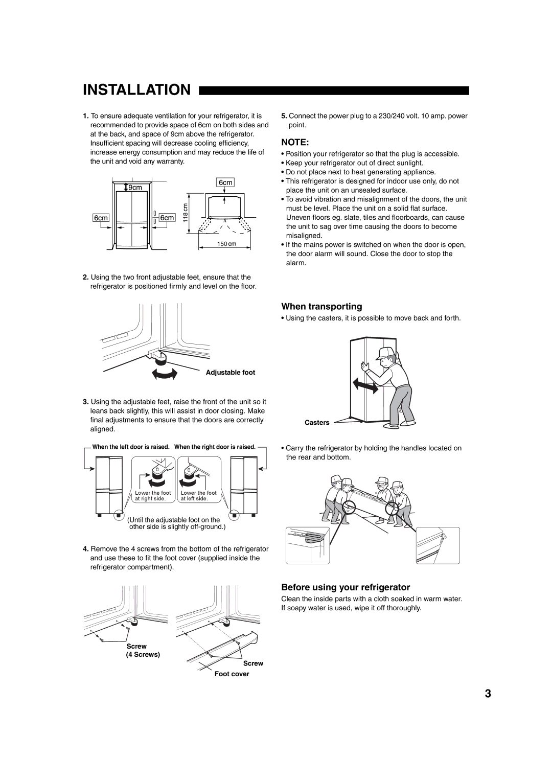 Sharp SJ-F65PC, SJ-F65PS, SJ-F60PC, SJ-F60PS operation manual Installation, When transporting, Before using your refrigerator 