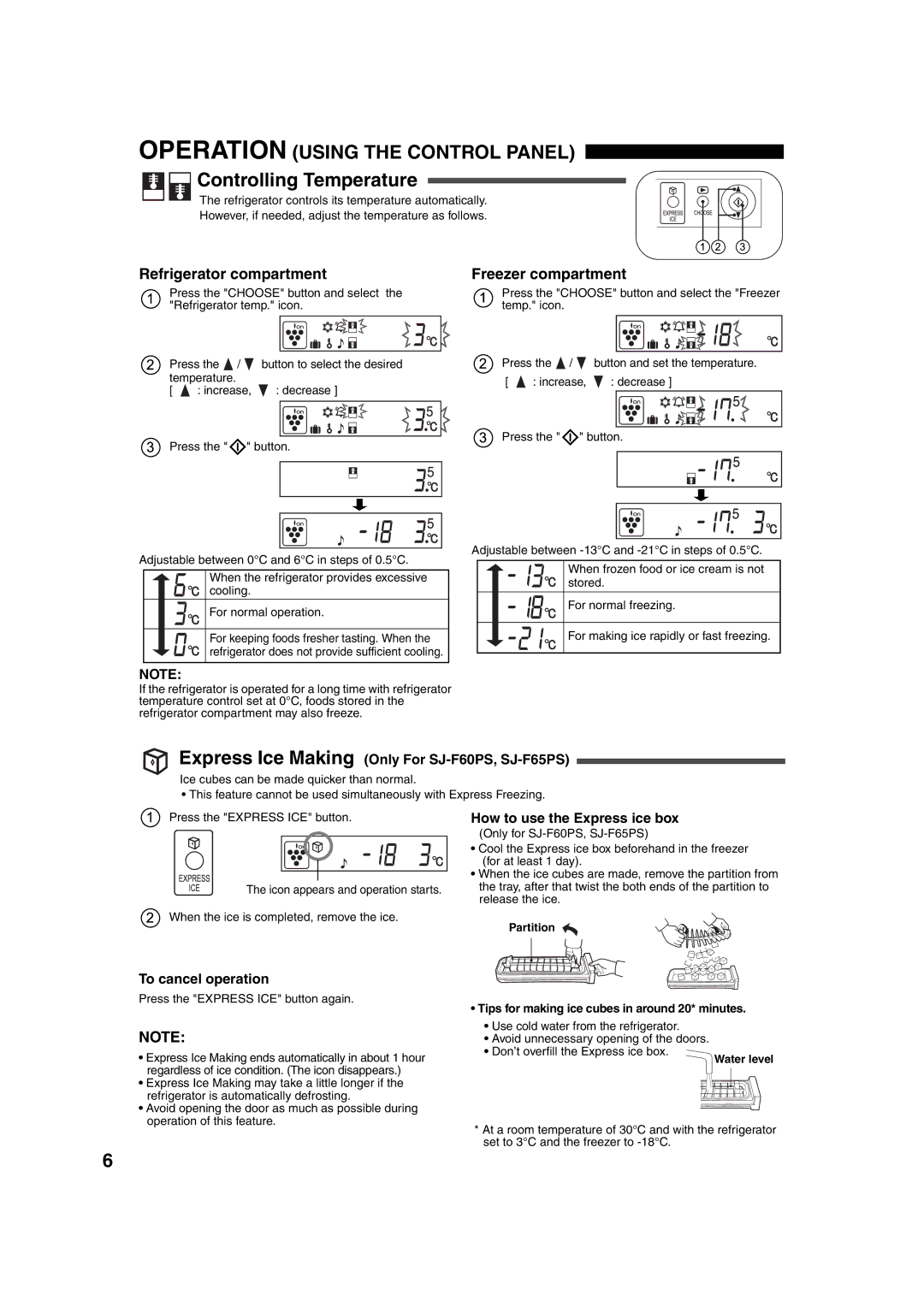 Sharp SJ-F60PS, SJ-F65PS, SJ-F60PC, SJ-F65PC Controlling Temperature, Refrigerator compartment, Freezer compartment 