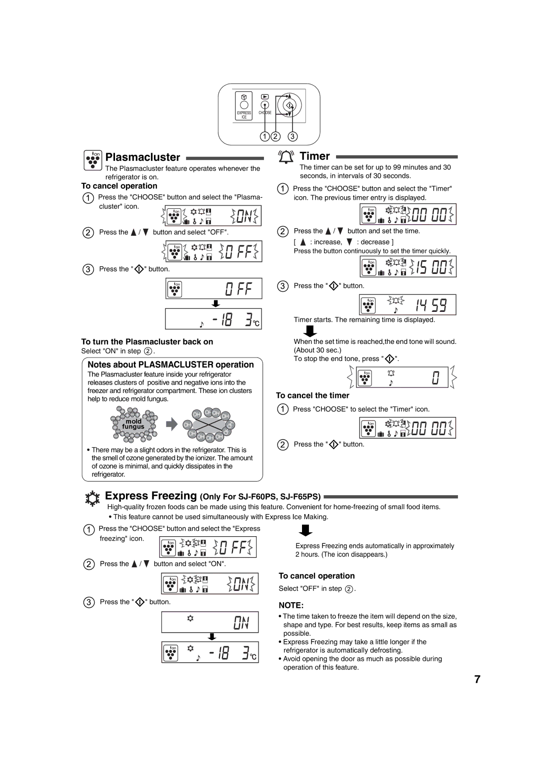 Sharp SJ-F65PC, SJ-F65PS, SJ-F60PC, SJ-F60PS Timer, To turn the Plasmacluster back on, To cancel the timer 