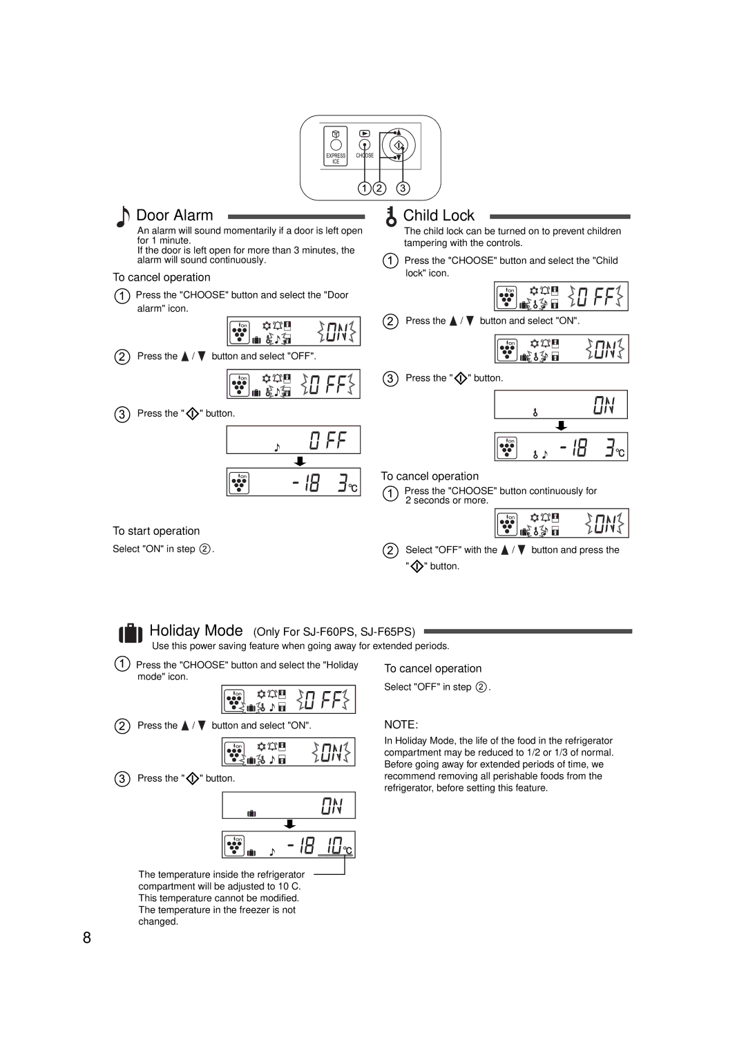 Sharp SJ-F60PC, SJ-F65PC Door Alarm, Child Lock, To start operation, Holiday Mode Only For SJ-F60PS, SJ-F65PS 