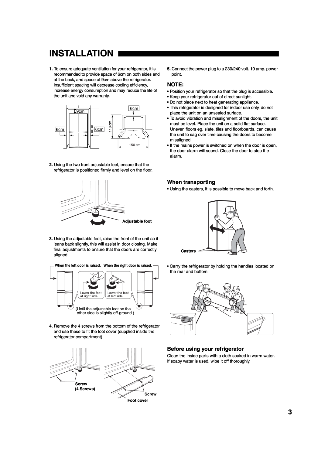Sharp SJ-F65PC, SJ-F65PS, SJ-F60PC, SJ-F60PS operation manual Installation, When transporting, Before using your refrigerator 
