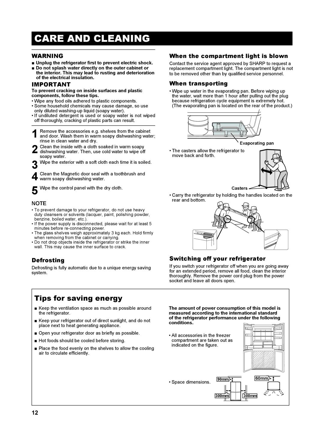 Sharp SJ-FP810V operation manual Care and Cleaning, Tips for saving energy 