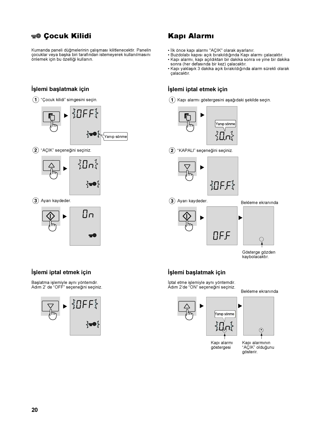 Sharp SJ-FP810V operation manual Çocuk Kilidi, Kapı Alarmı 