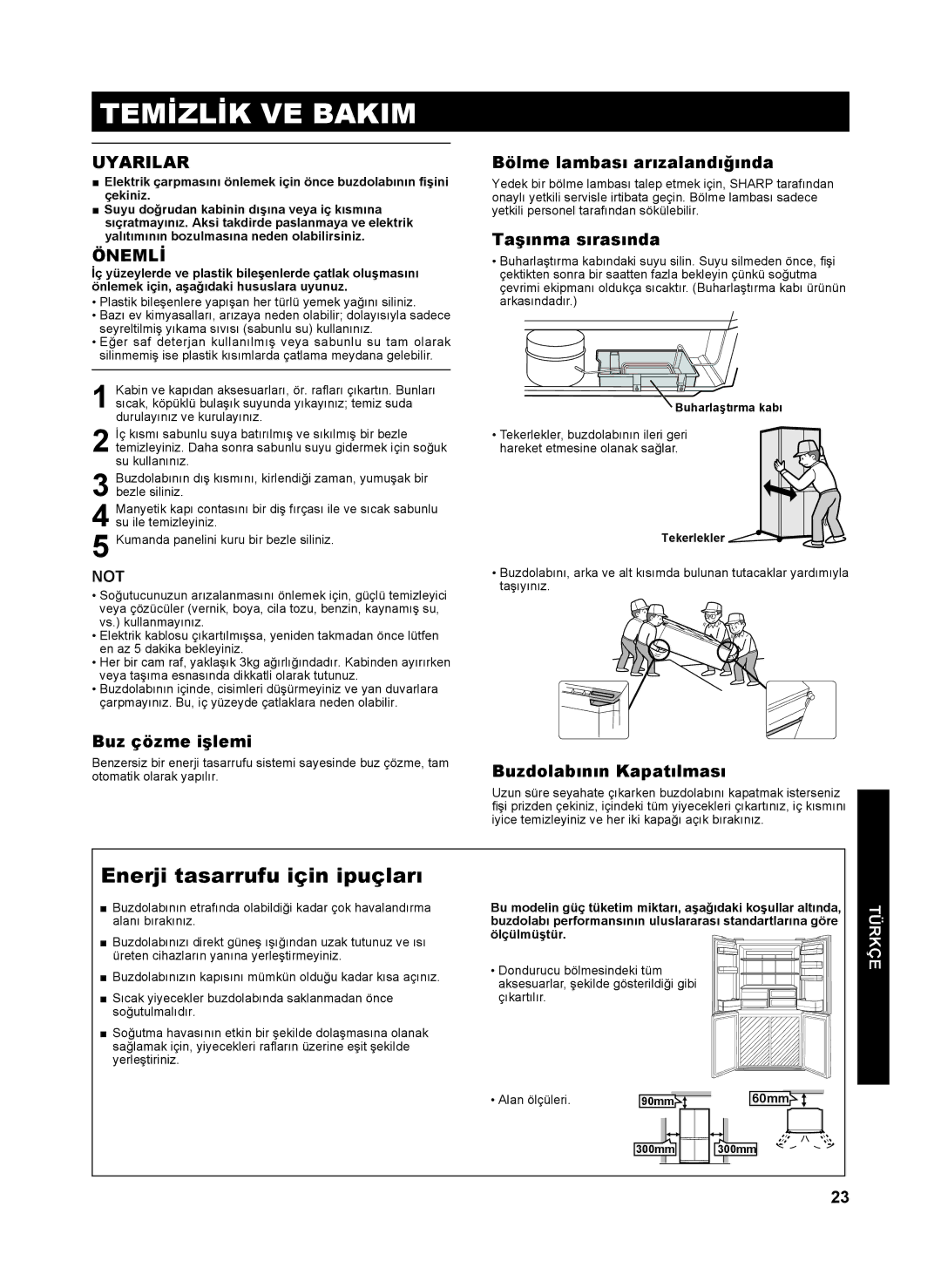 Sharp SJ-FP810V operation manual Temİzlİk VE Bakim, Enerji tasarrufu için ipuçları 