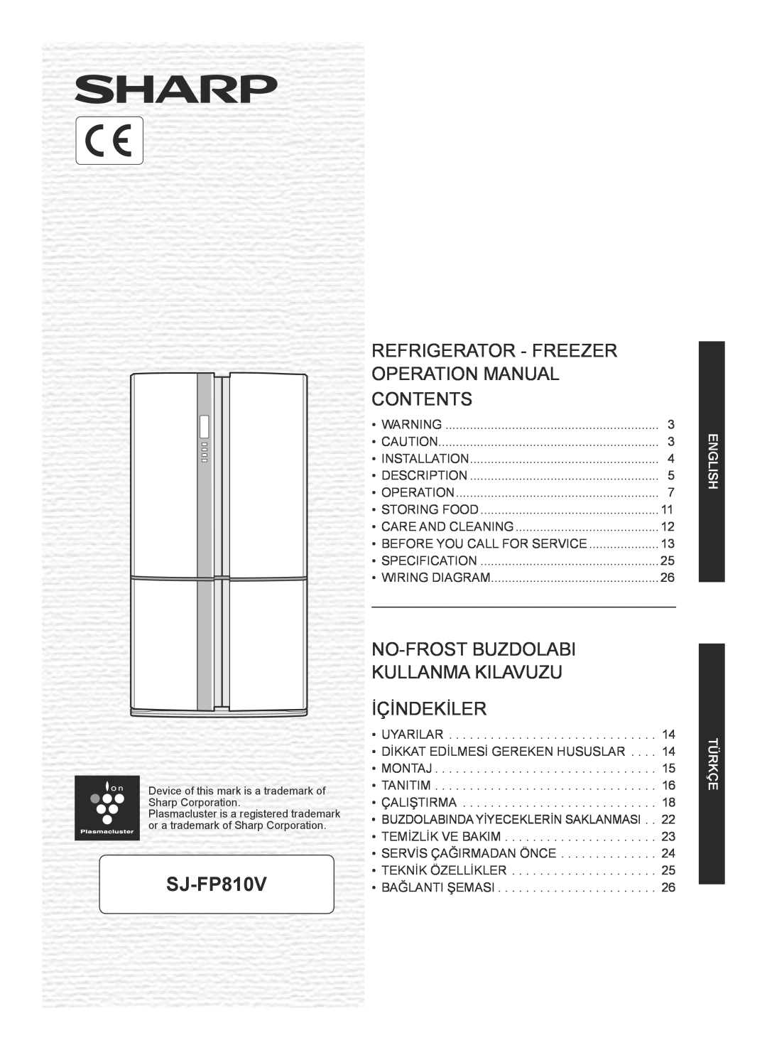 Sharp SJ-FP810V operation manual Refrigerator - Freezer, Contents, No-Frost Buzdolabi Kullanma Kilavuzu Içindekiler 