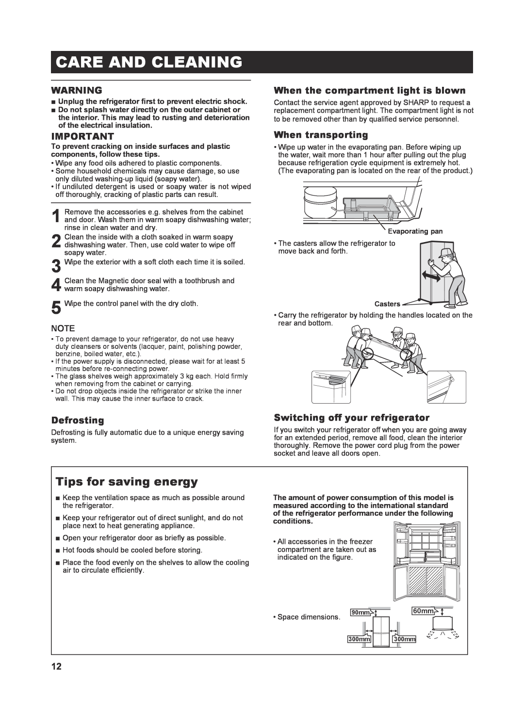 Sharp SJ-FP810V operation manual Care And Cleaning, Tips for saving energy, Defrosting, When the compartment light is blown 