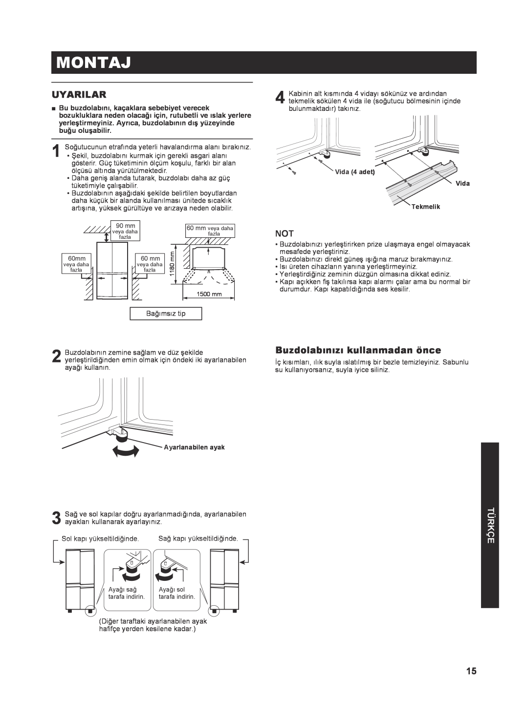 Sharp SJ-FP810V operation manual Montaj, Uyarilar, Buzdolabınızı kullanmadan önce, Türkçe 