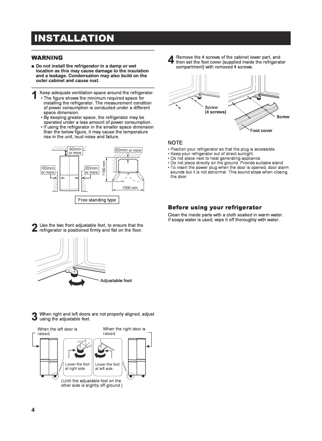 Sharp SJ-FP810V operation manual Installation, Before using your refrigerator 