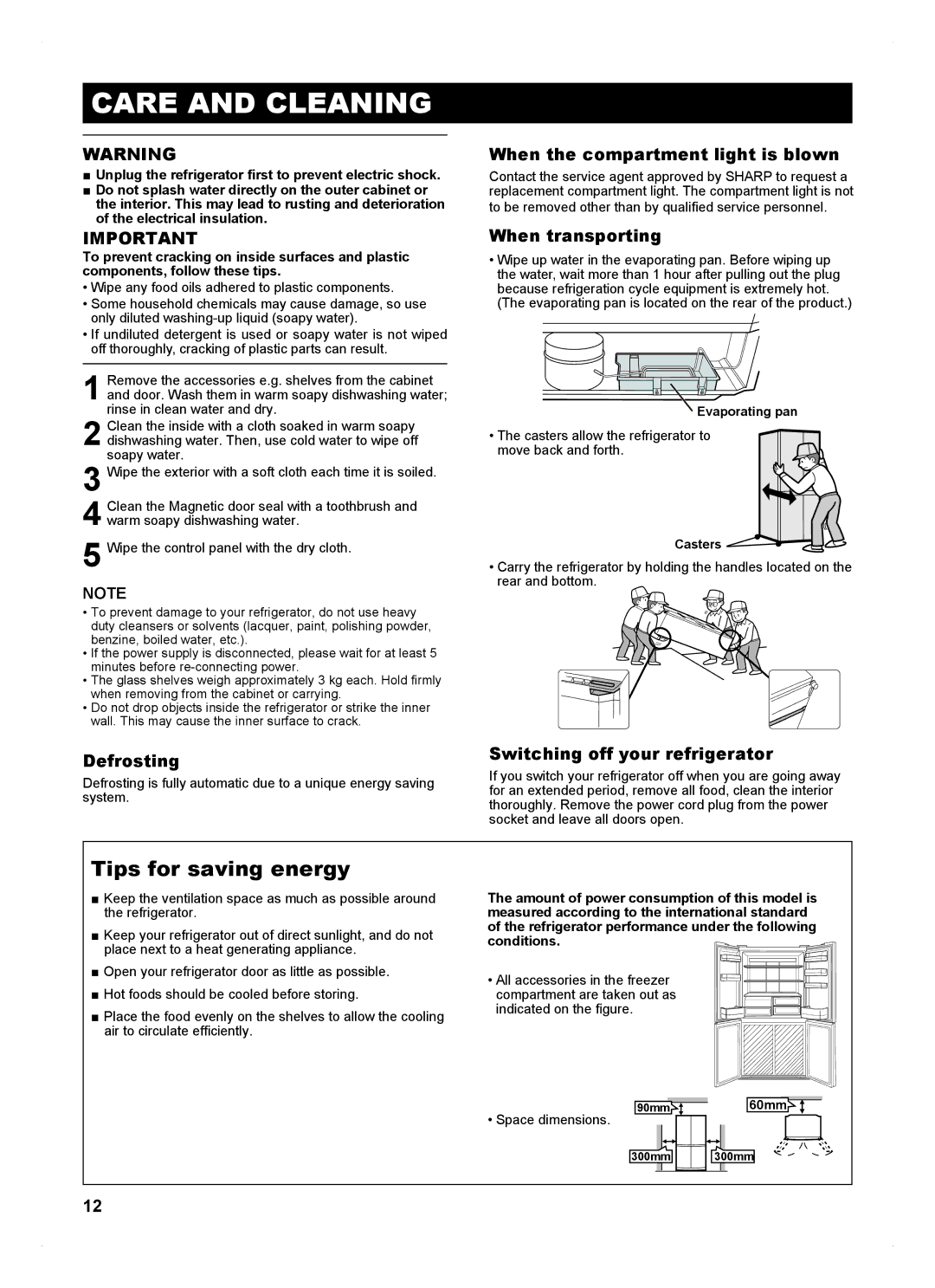 Sharp SJ-FP813V operation manual Care and Cleaning, Tips for saving energy 