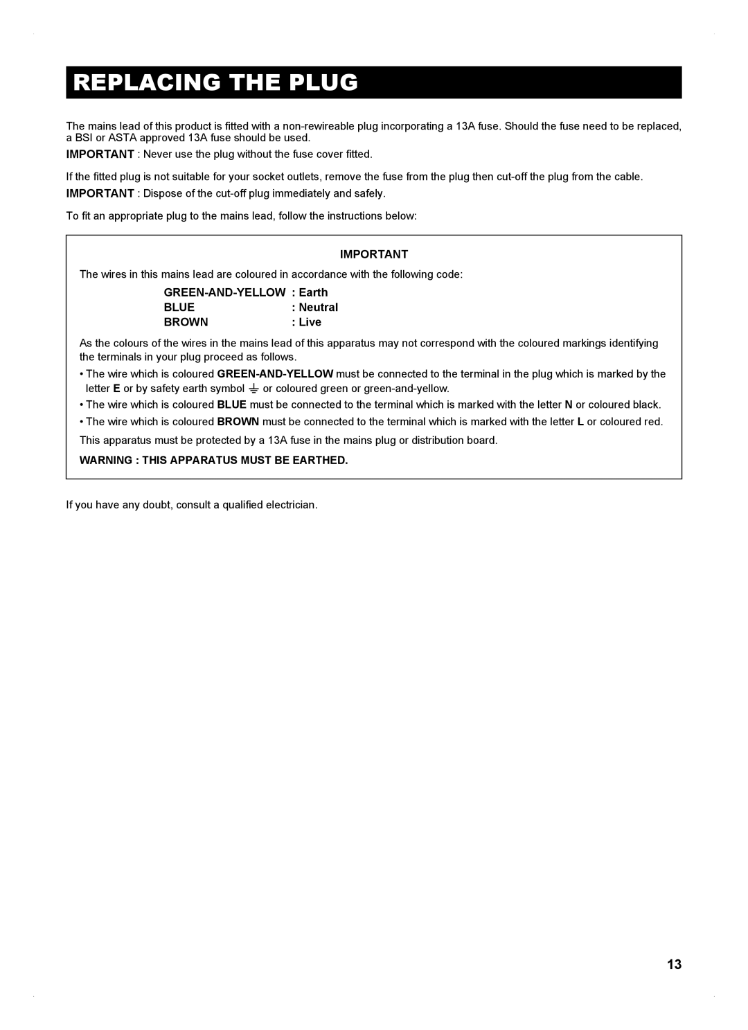 Sharp SJ-FP813V operation manual Replacing the Plug, GREEN-AND-YELLOW Earth, Neutral, Live 