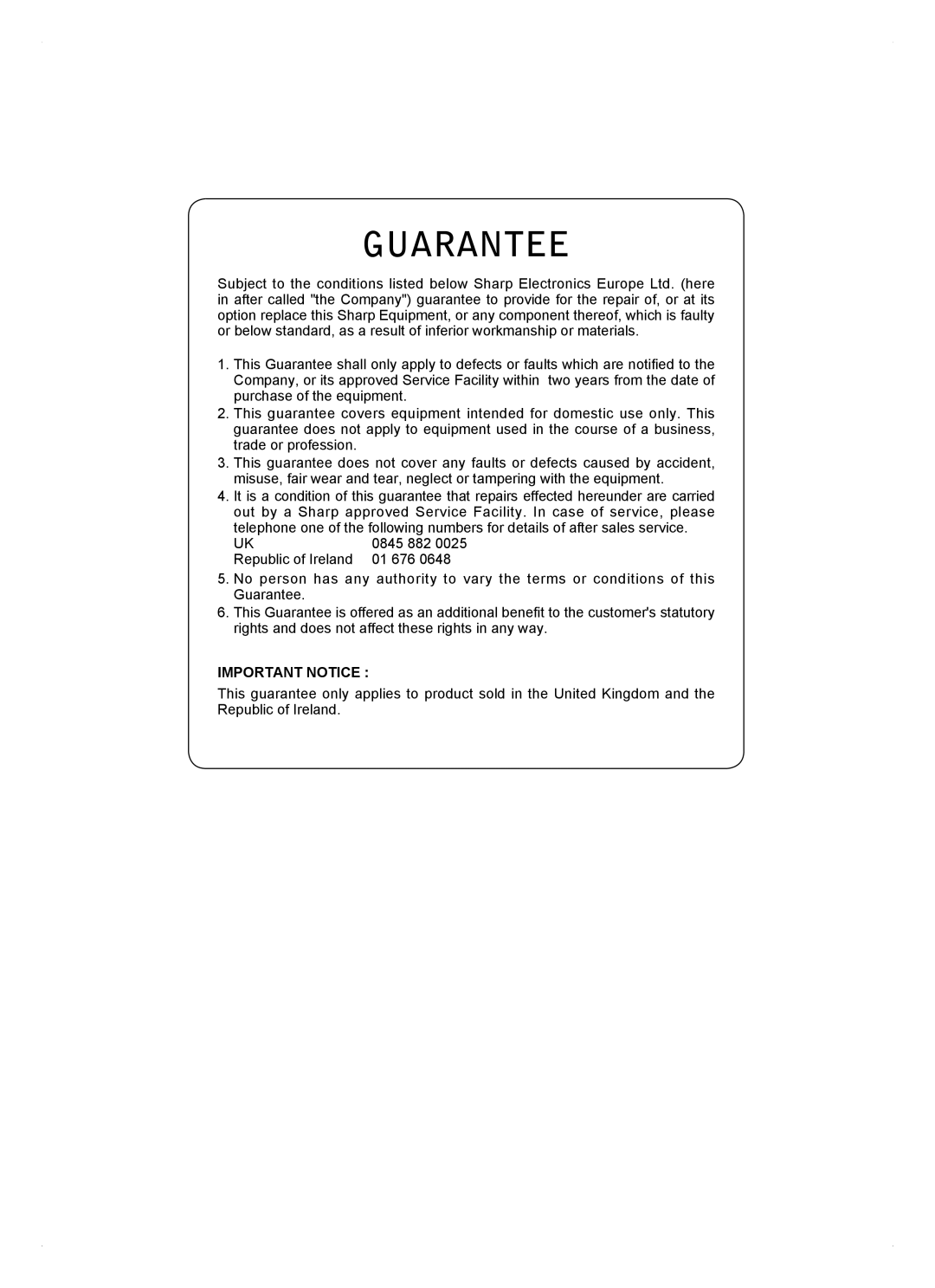 Sharp SJ-FP813V operation manual Guarantee 