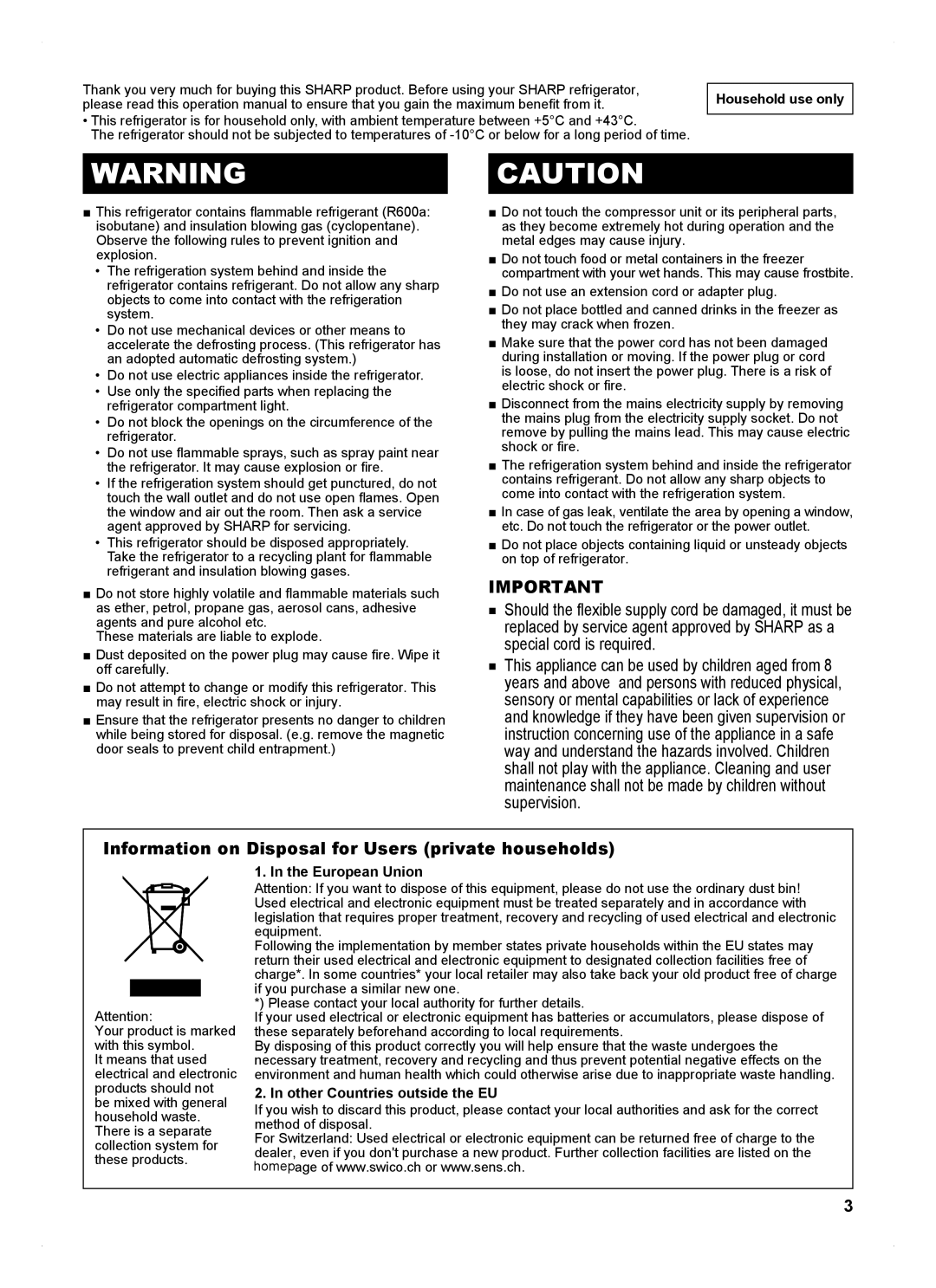 Sharp SJ-FP813V operation manual Information on Disposal for Users private households, Household use only, European Union 