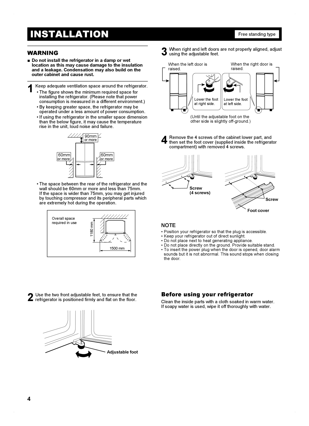 Sharp SJ-FP813V operation manual Installation, Before using your refrigerator 