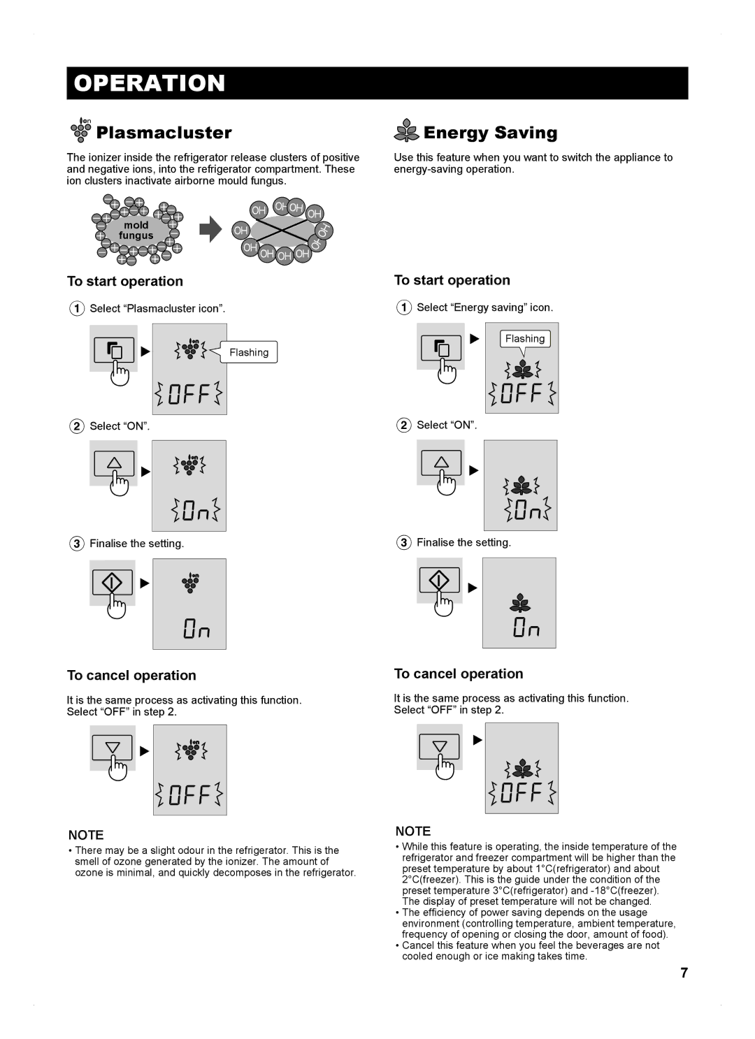 Sharp SJ-FP813V operation manual Operation, Plasmacluster, Energy Saving, To start operation, To cancel operation 