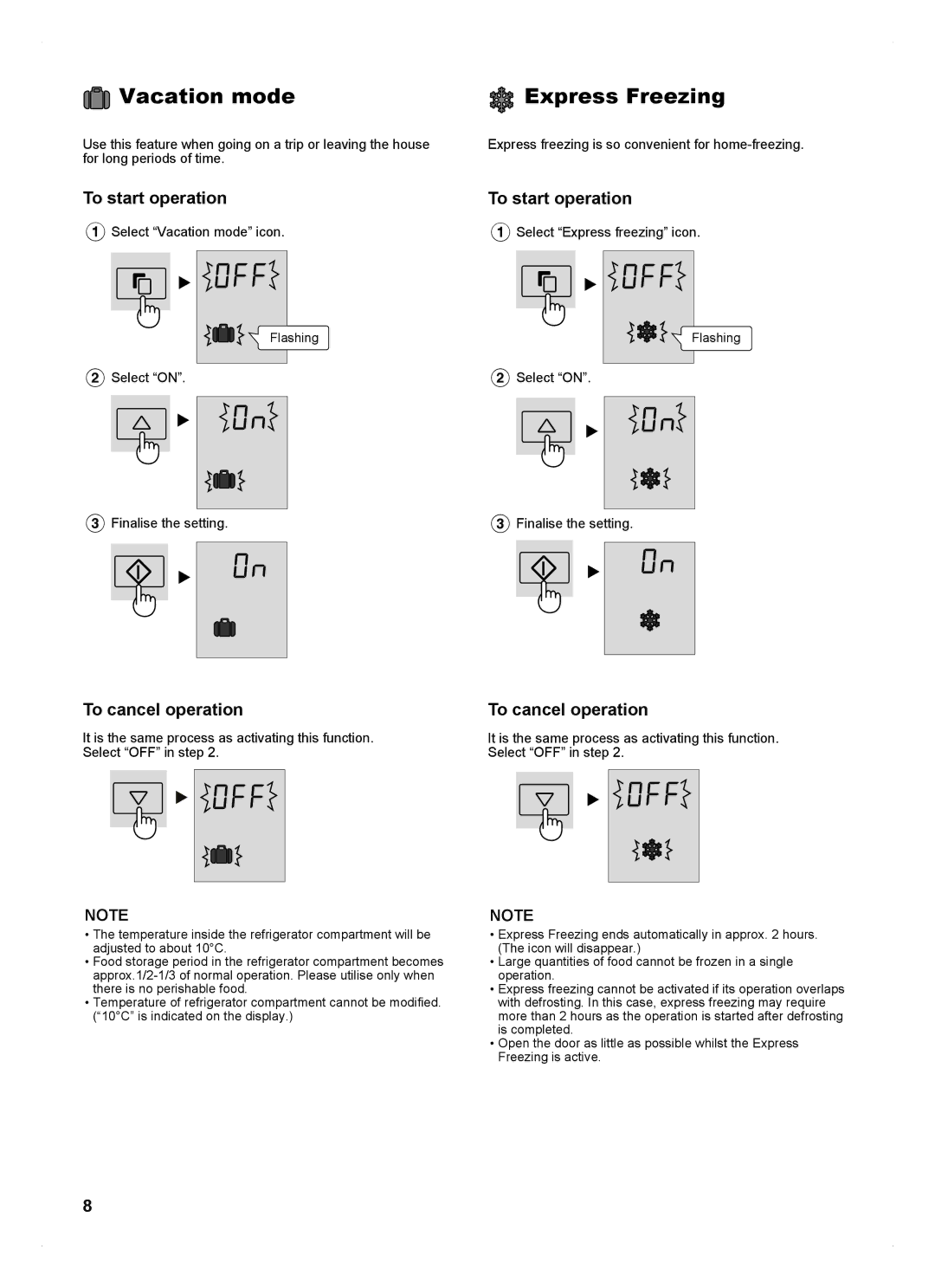 Sharp SJ-FP813V operation manual Vacation mode, Express Freezing 