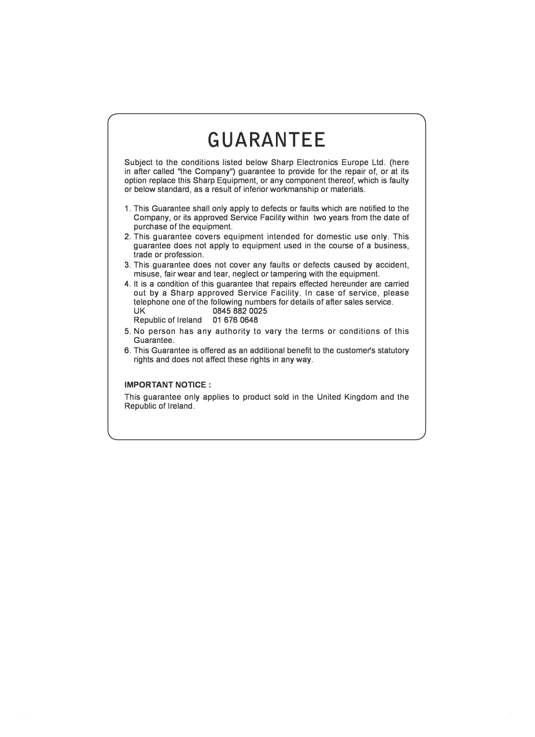Sharp SJ-FP813V operation manual Guarantee, Important Notice 