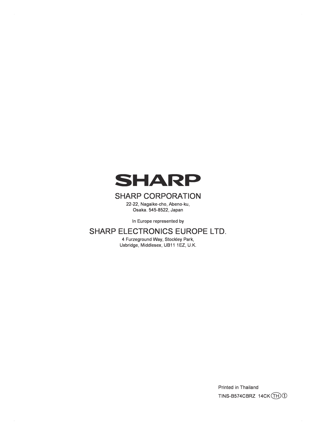 Sharp SJ-FP813V Sharp Corporation, 22-22, Nagaike-cho, Abeno-ku Osaka. 545-8522, Japan, In Europe represented by 