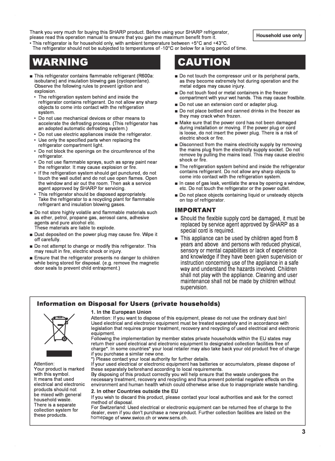 Sharp SJ-FP813V operation manual Warningcaution, Information on Disposal for Users private households 