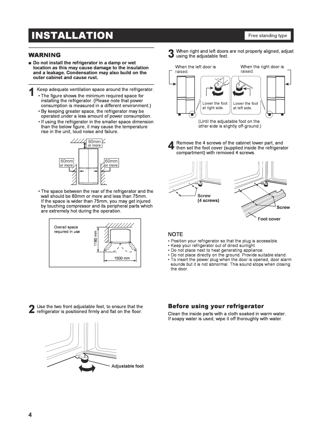 Sharp SJ-FP813V operation manual Installation, Before using your refrigerator 