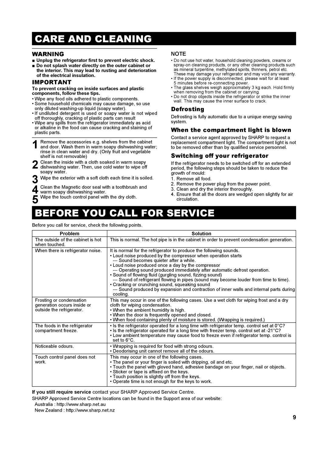 Sharp SJ-GC584R Care and Cleaning, Before YOU Call for Service, Defrosting, When the compartment light is blown 