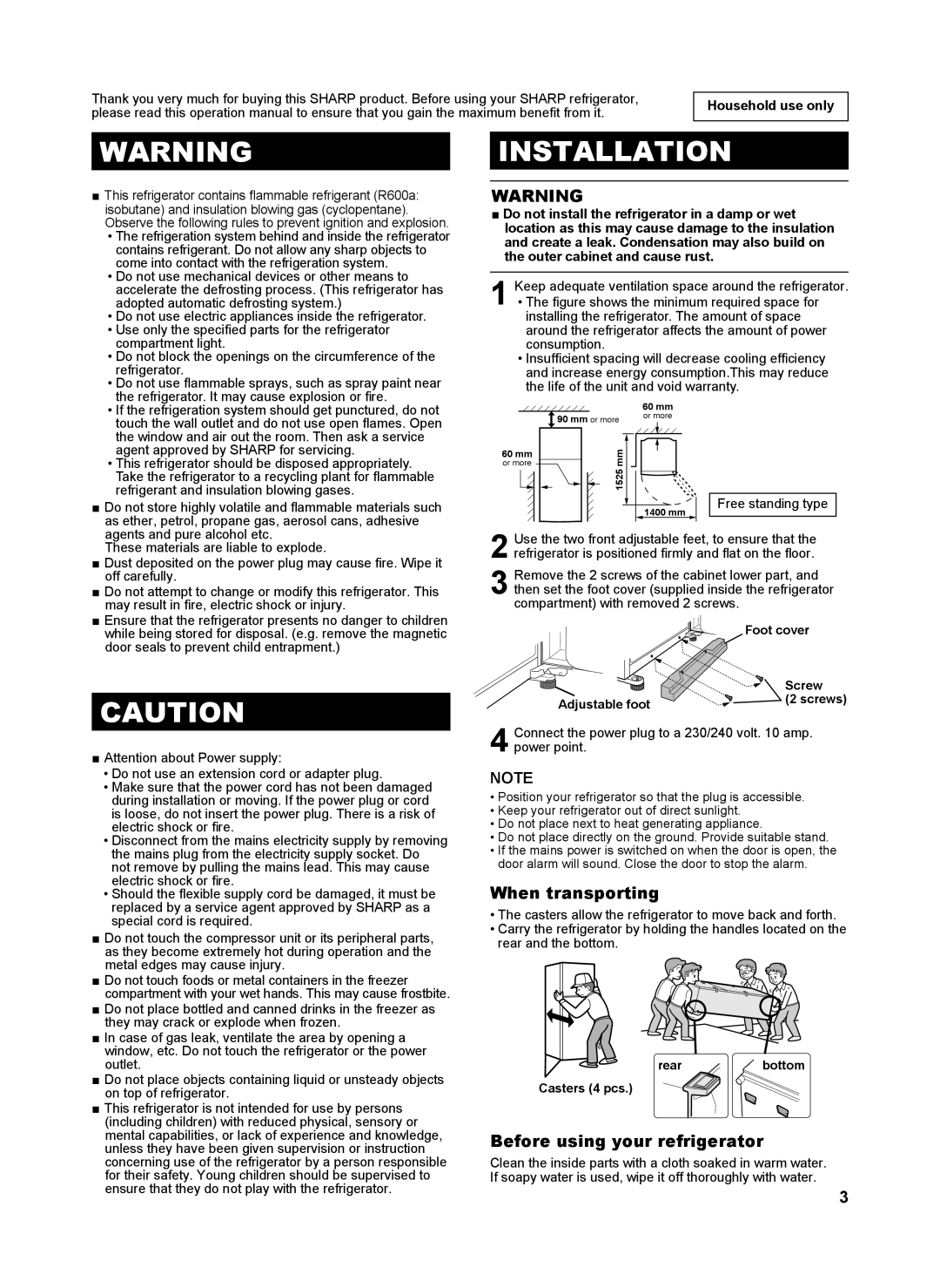 Sharp SJ-GC584R operation manual Installation, When transporting, Before using your refrigerator, Household use only 