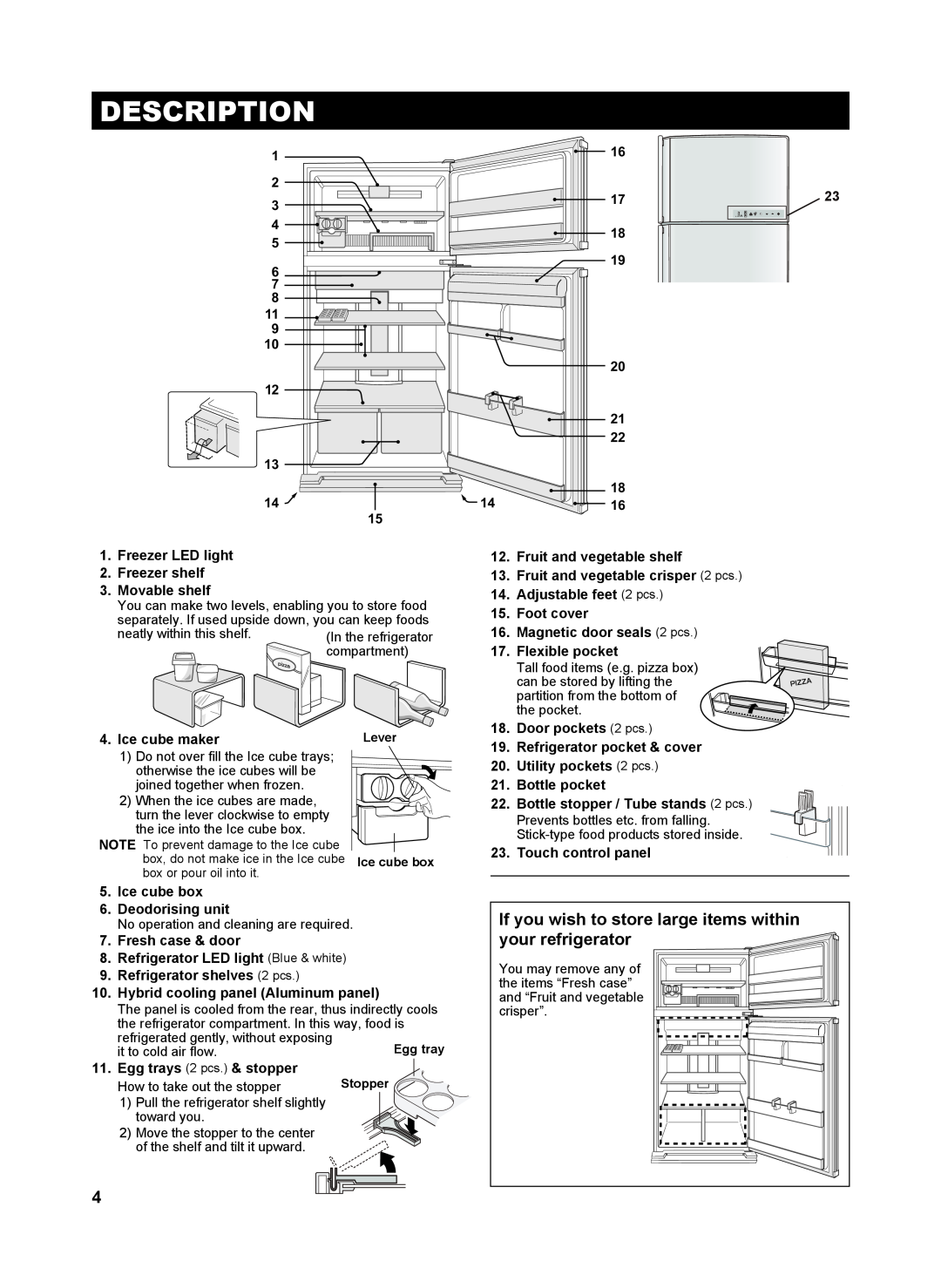 Sharp SJ-GC584R operation manual Description, If you wish to store large items within your refrigerator, Ice cube maker 