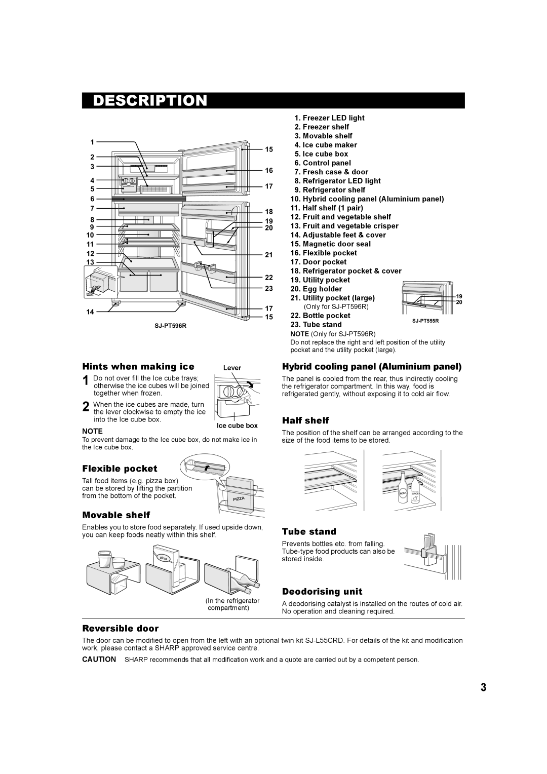 Sharp SJ-PT55R Description, Hints when making ice, Hybrid cooling panel Aluminium panel, Half shelf, Flexible pocket 
