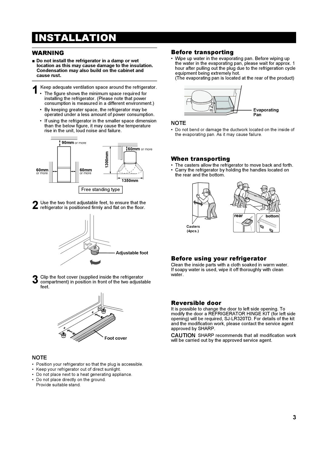 Sharp SJ-RM323T Installation, Before transporting, When transporting, Before using your refrigerator, Reversible door 