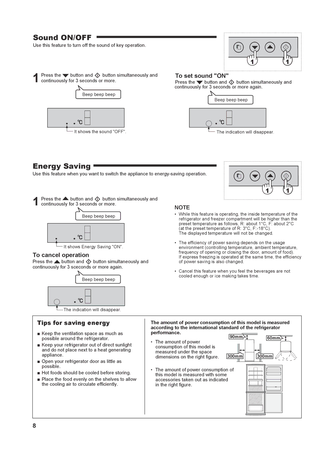 Sharp SJ-RM323T operation manual Sound ON/OFF, Energy Saving, To set sound on, Tips for saving energy 