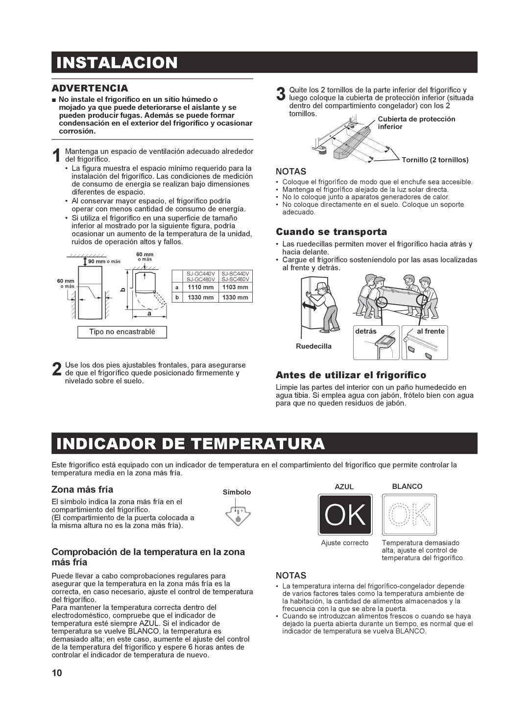 Sharp SJ-GC480V, SJ-SC480V, SJ-SC440V, SJ-GC440V operation manual Instalacion, Indicador DE Temperatura, Advertencia 