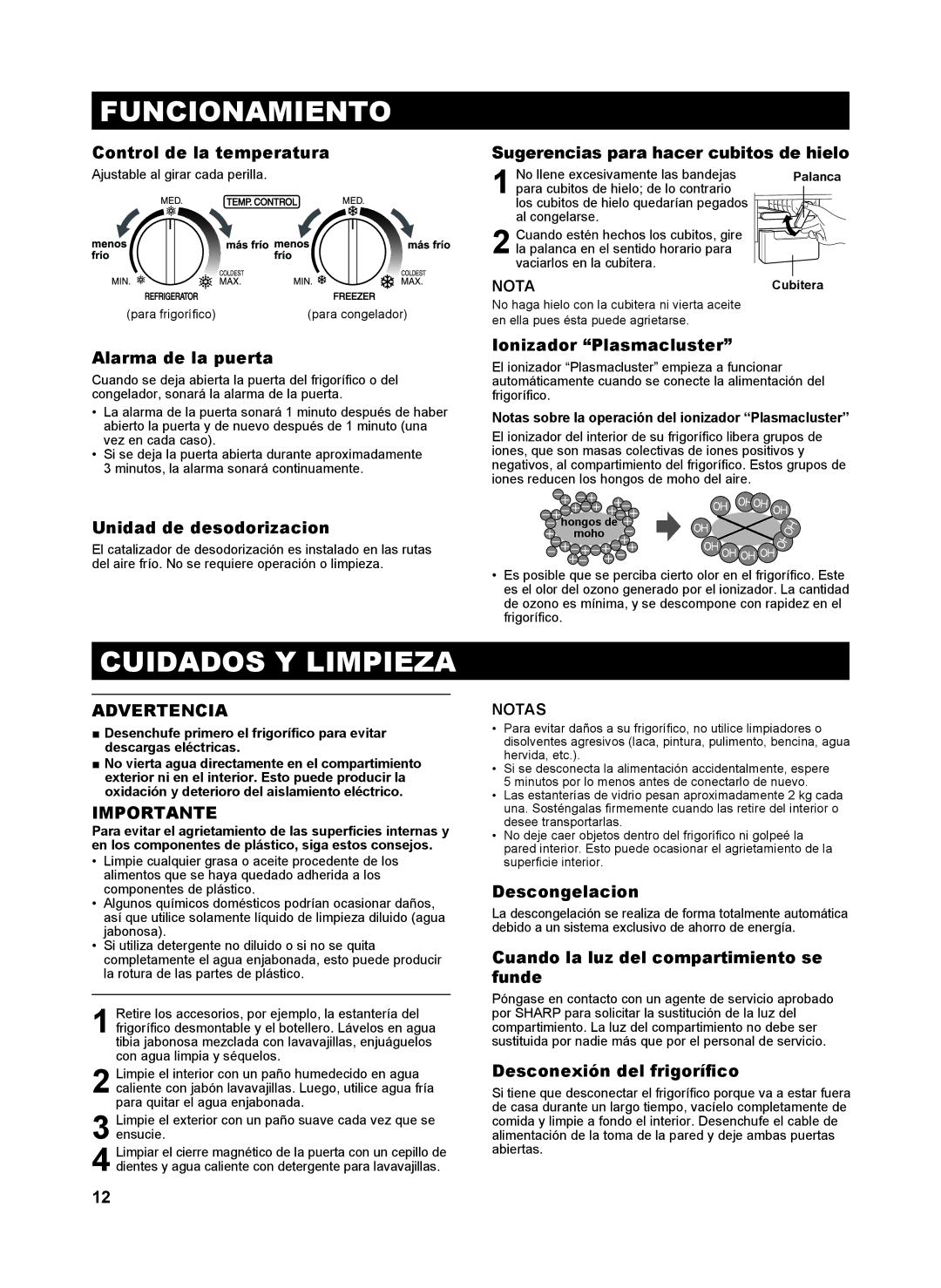 Sharp SJ-SC480V, SJ-SC440V, SJ-GC480V, SJ-GC440V operation manual Funcionamiento, Cuidados Y Limpieza, Importante 