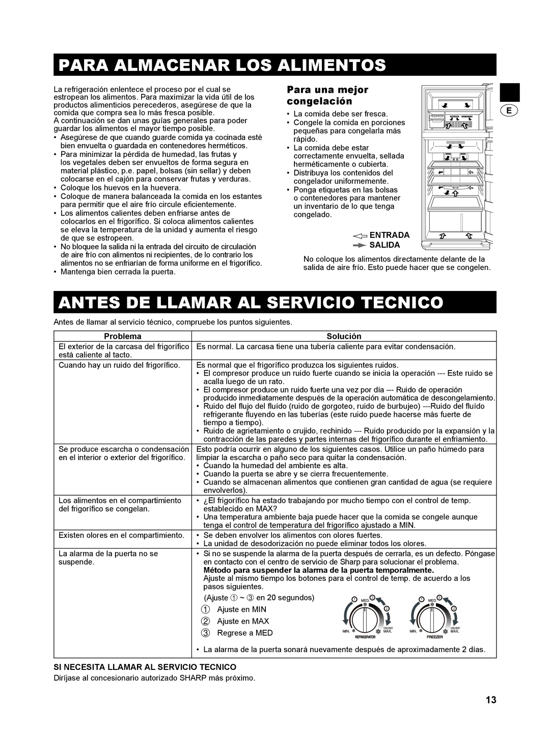 Sharp SJ-SC440V, SJ-SC480V Para Almacenar LOS Alimentos, Antes DE Llamar AL Servicio Tecnico, Para una mejor congelación 