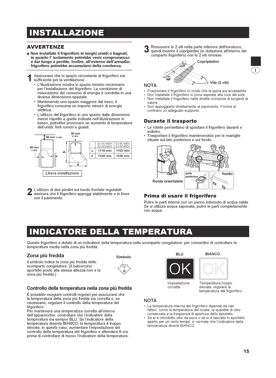 Sharp SJ-GC440V, SJ-SC480V, SJ-SC440V, SJ-GC480V operation manual Installazione, Indicatore Della Temperatura, Avvertenze 