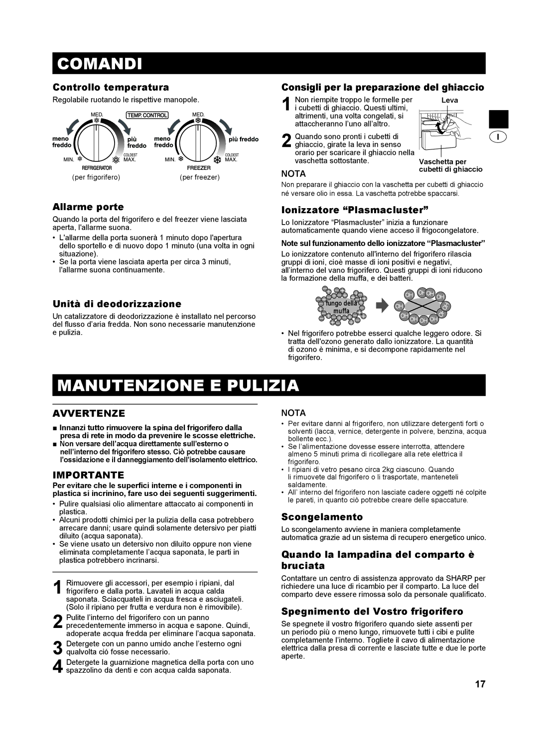 Sharp SJ-SC440V, SJ-SC480V, SJ-GC480V, SJ-GC440V operation manual Comandi, Manutenzione E Pulizia 