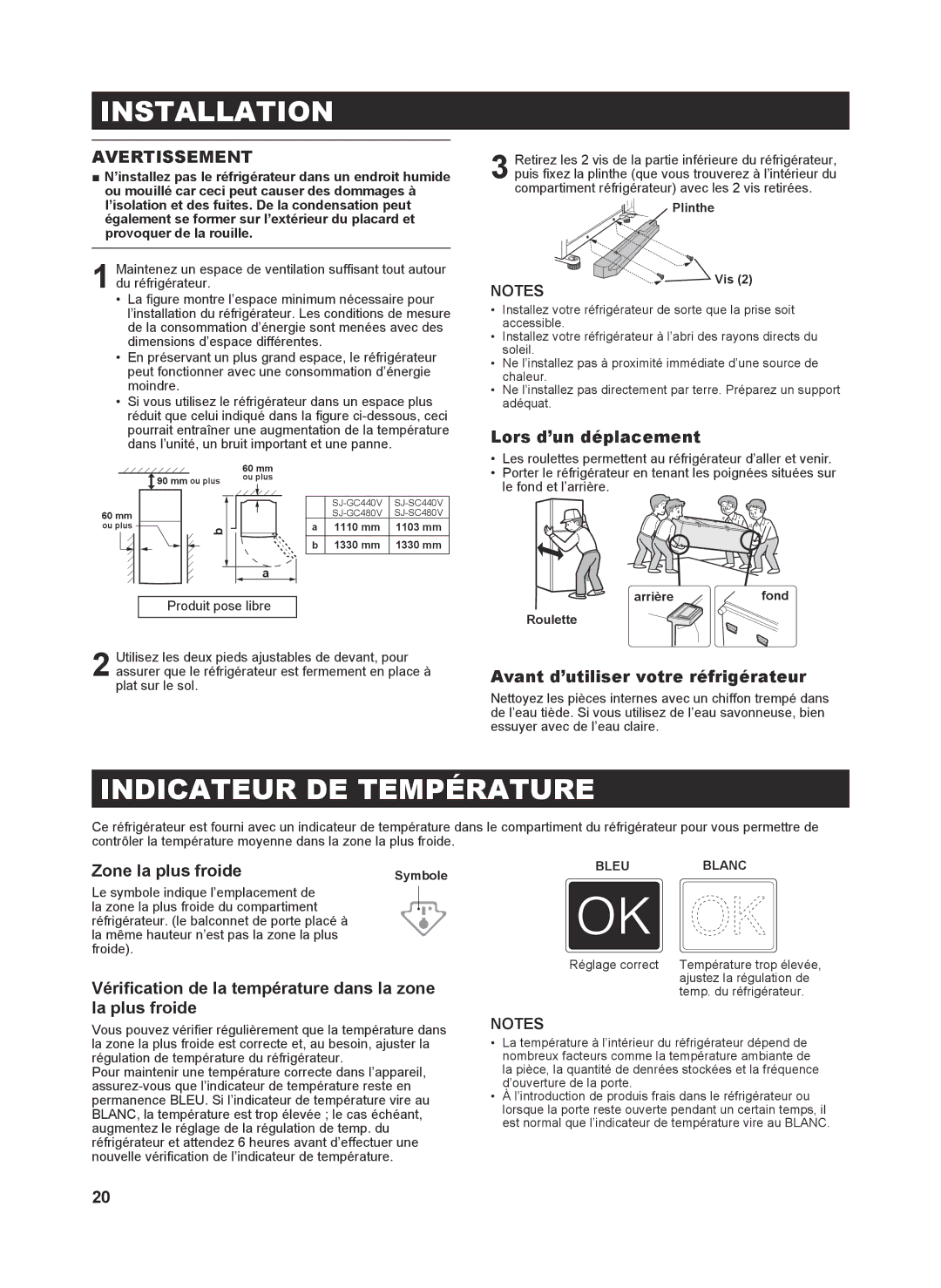 Sharp SJ-SC480V, SJ-SC440V, SJ-GC480V, SJ-GC440V operation manual Indicateur DE Température, Avertissement 