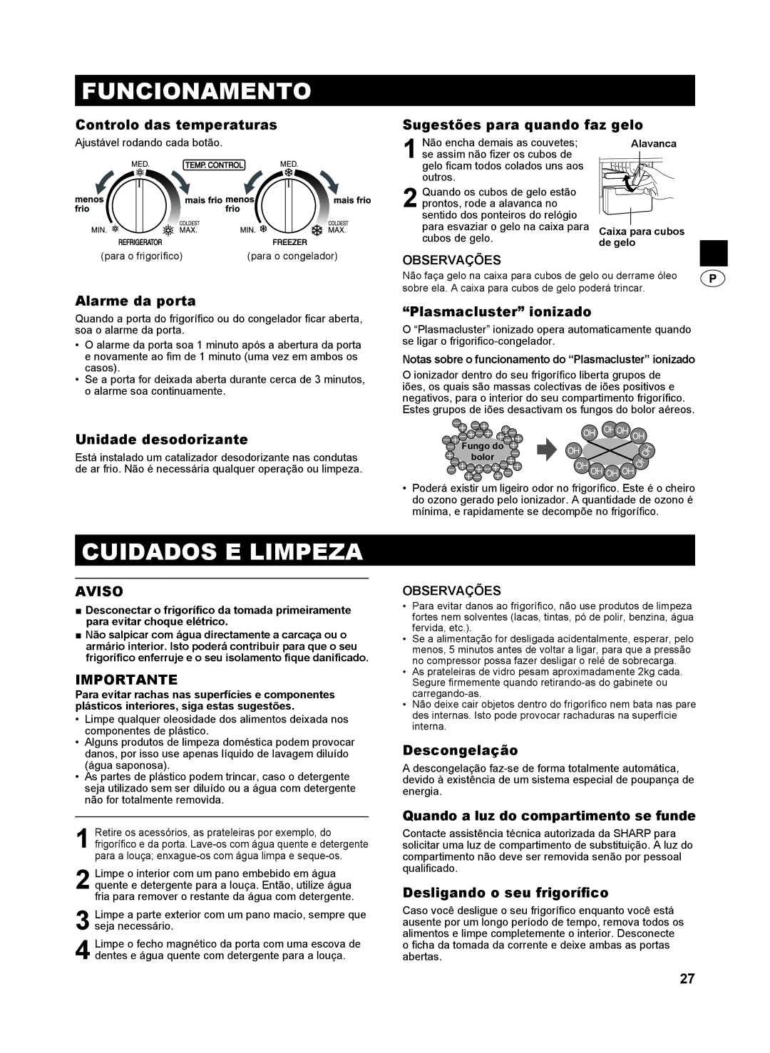 Sharp SJ-GC440V, SJ-SC480V, SJ-SC440V, SJ-GC480V operation manual Funcionamento, Cuidados E Limpeza 