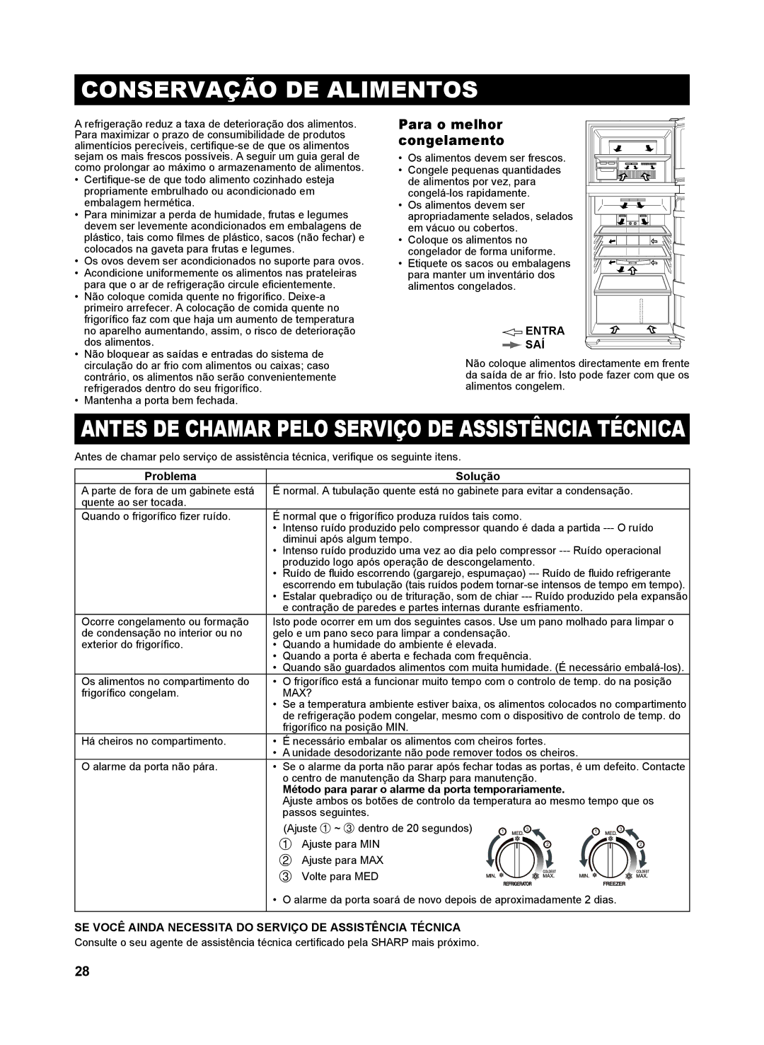 Sharp SJ-SC480V, SJ-SC440V, SJ-GC480V Conservação DE Alimentos, Para o melhor congelamento, Entra SAÍ, Problema Solução 