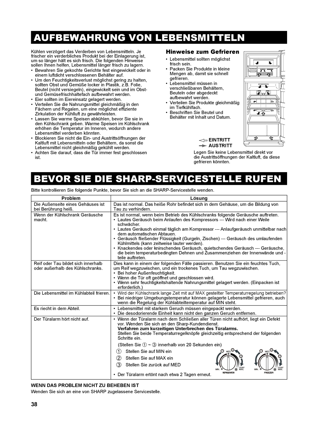 Sharp SJ-GC480V, SJ-SC480V Aufbewahrung VON Lebensmitteln, Bevor SIE DIE SHARP-SERVICESTELLE Rufen, Hinweise zum Gefrieren 