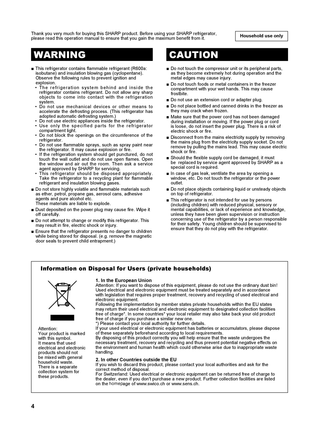 Sharp SJ-SC480V, SJ-SC440V Information on Disposal for Users private households, Household use only, European Union 