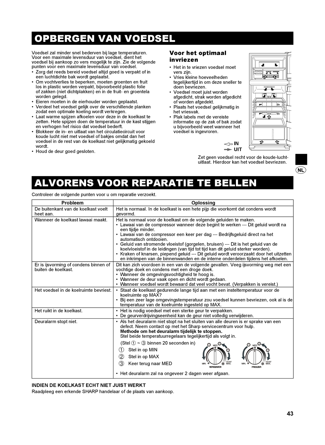 Sharp SJ-GC440V, SJ-SC480V Opbergen VAN Voedsel, Alvorens Voor Reparatie TE Bellen, Voor het optimaal invriezen, Uit 